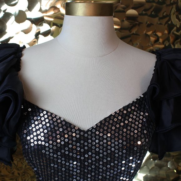 Black Silver Sequin Nadine Ruffle Sleeve Ballgown - Picture 2 of 10